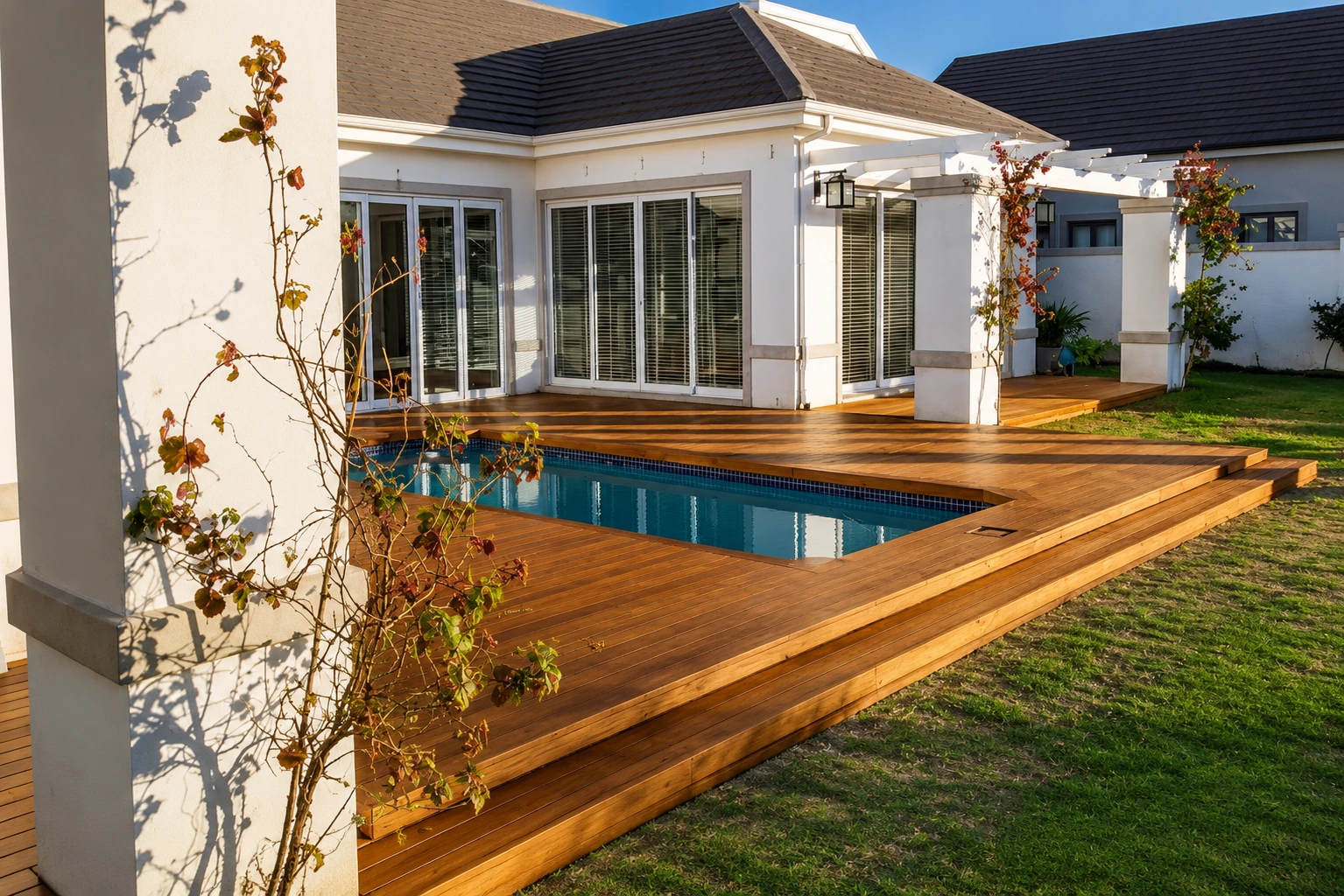 Garapa hardwood pool deck beside a modern home